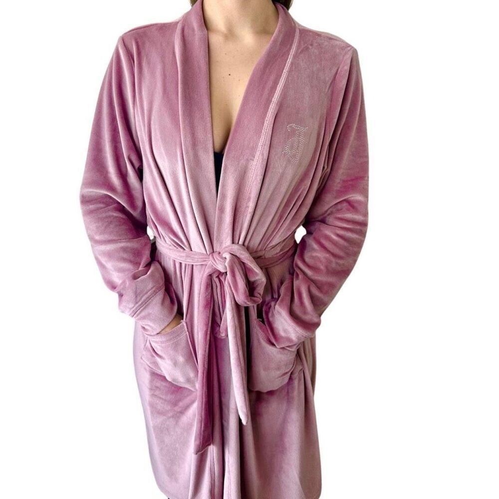 NEW Juicy Couture Pink Velvet Robe Sz L/XL Tie Closure BLING GLAM